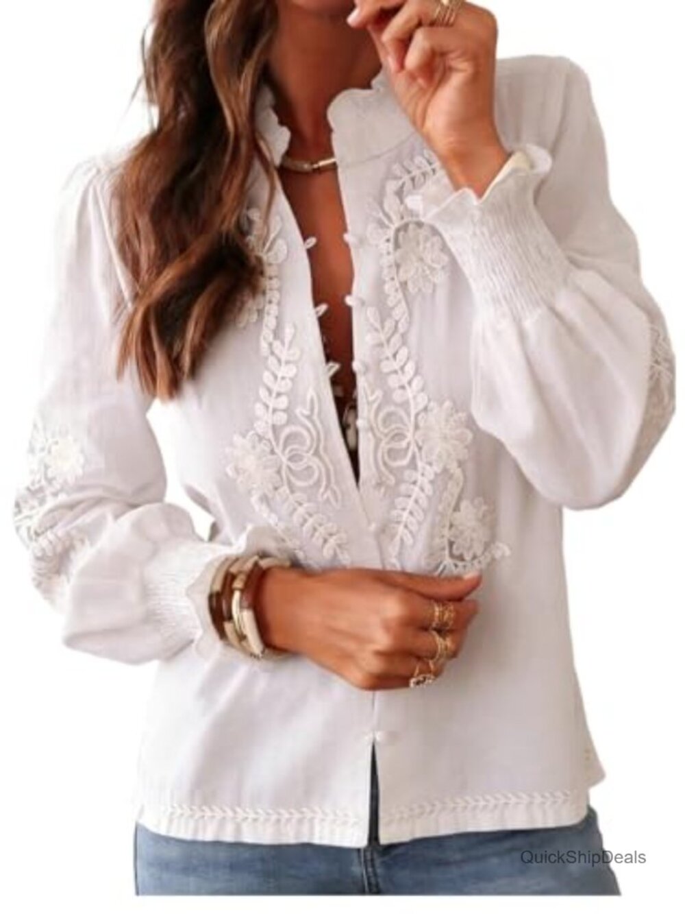 Vintage Floral Embroidered Button Up Peasant Blouse Women's Long Sleeve
